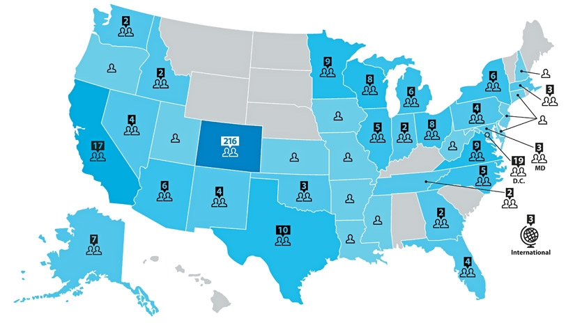 U.S. map with numbers corresponding to the number of NREL Energy Execs alumni in each state: Washington (2); Oregon (1); California (17); Idaho (2); Nevada (4); Arizona (6); Utah (1); Colorado (216); New Mexico (4); Kansas (1); Oklahoma (3); Texas (10); Minnesota (9); Iowa (1); Missouri (1); Arkansas (1); Louisiana (1); Wisconsin (8); Illinois (5); Mississippi (1); Georgia (2); Florida (4); Michigan (6); Indiana (2); Ohio (8); West Virginia (1); New York (6); Pennsylvania (4); New Hampshire (1); Massachusetts (3); New Jersey (1); Connecticut (1); Delaware (1); Maryland (3); Washington, D.C. (19); Virginia (9); West Virginia (1); North Carolina (5); Tennessee (2); Georgia (2); Florida (4); Alaska (7); and other countries - Colombia, Lagos, and Philippines (3).