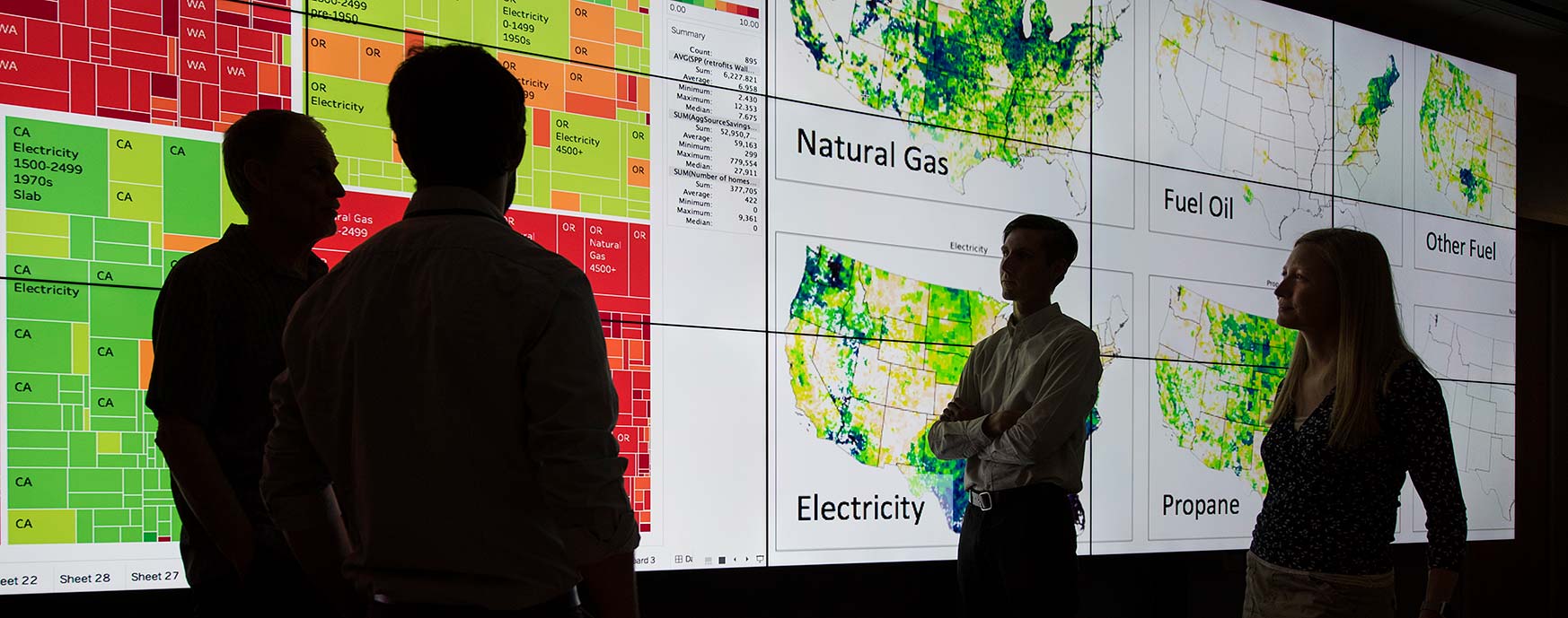 Photo of a four researchers in front of a wall of screens, showing different maps and charts.
