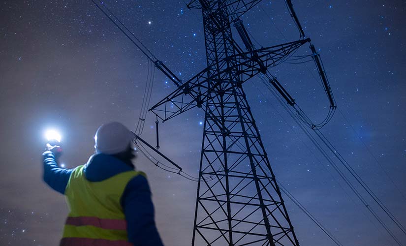 tell-me-something-istock-1372140162 Worker inspects a transmission tower at night.