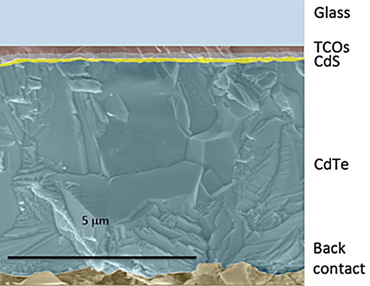 An image of a cross-sectional transmission electron microscope image of cadmium telluride thin film, showing from top to bottom: glass, transparent conducting oxide (thin layer), cadmium sulfide (thin layer), cadmium telluride (very thick layer), and back contact (layer with irregular interface).  Scale bar on image is five micrometers.