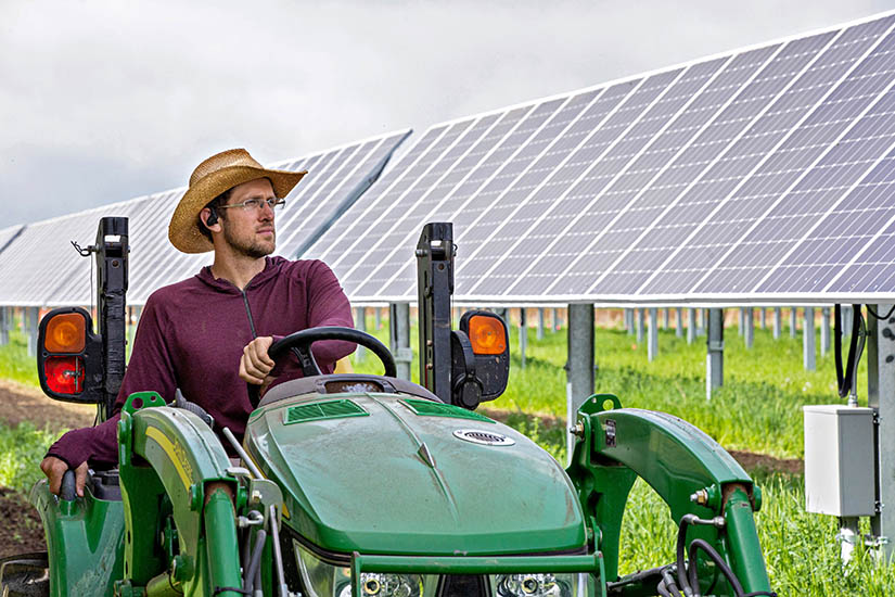 Photo of a man driving a tractor between rows of solar panels