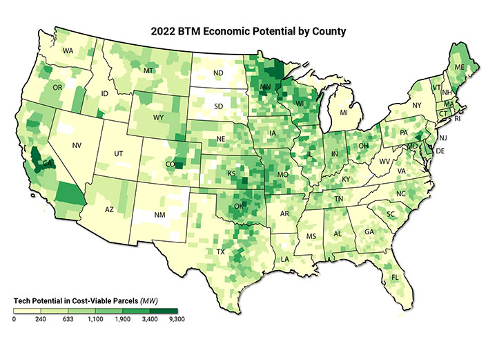 Graphic of a U.S. map with varying shades of yellow and green, to indicate the economic potential of behind-of-the-meter wind applications, today. Darker green colors indicate greater economic potential. The Midwest and Heartland regions, and portions of the East and interior West, of the country have the highest potential.