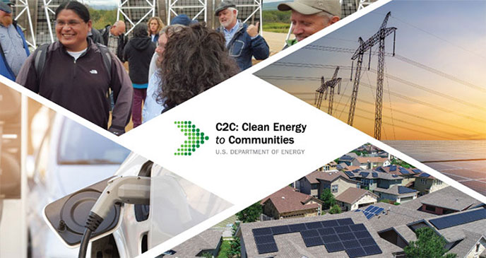 Collage of communities, electric vehicle, solar panels on a rooftop with C2C logo in the middle