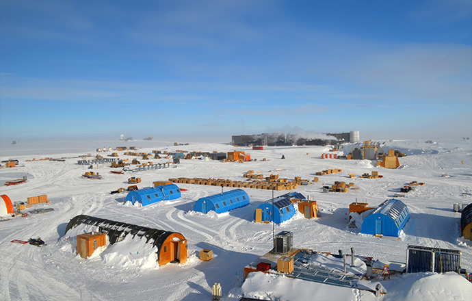 The South Pole Station and support buildings on a snowy landscape