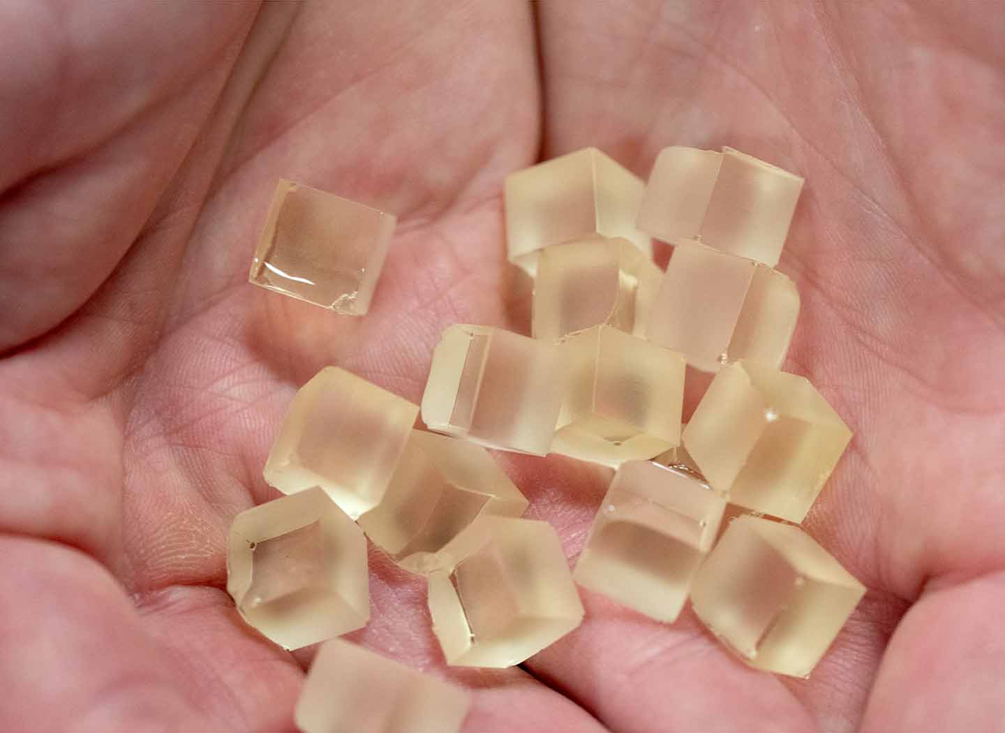 A hands holds cubes of the PECAN resin.