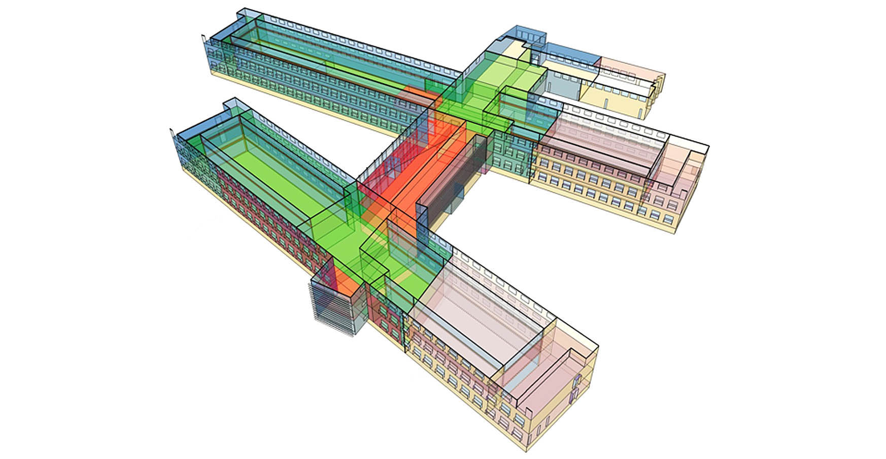 A 3-d model of a large, multi-wing commercial building.