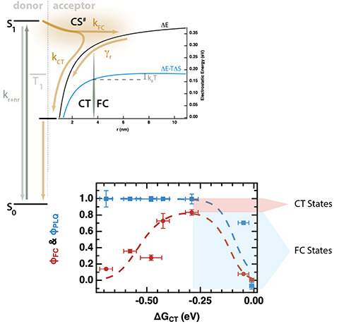 Proposed kinetic model showing processes of charge transfer to localized CT states vs. FC states. Photoinduced free electron yield (φFC) and PLQ yield (φPLQ) as a function of driving force.