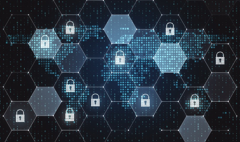 Illustration of hexagons with key locks inside some of the shapes