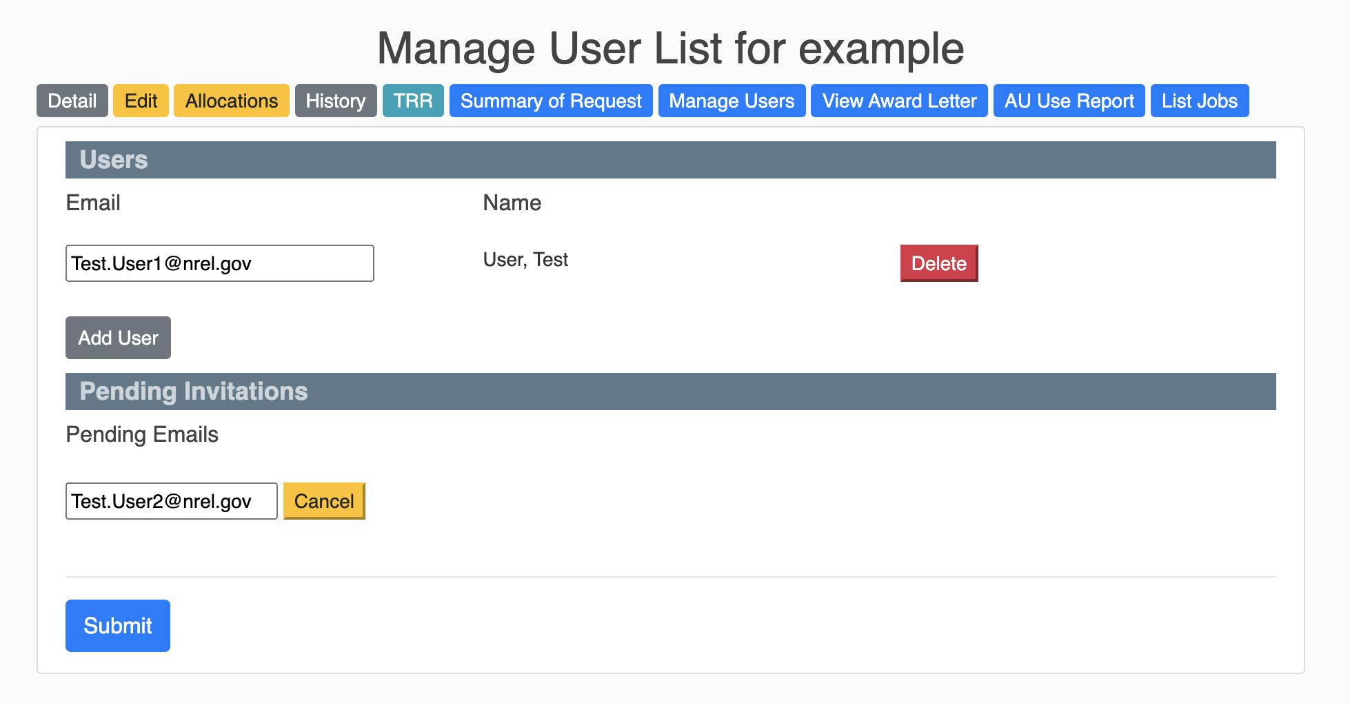 Screenshot of the project allocation user list