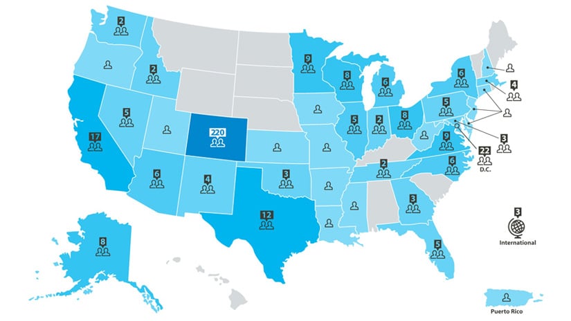 U.S. map with numbers corresponding to the number of NREL Energy Execs alumni in each state.