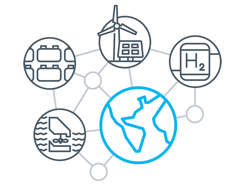 20210126-seac-storage-futures Graphic of five icons interconnected with lines, including hydrogen, batteries, pumped hydropower, wind, solar, and a globe to represent diverse storage technologies and how they contribute to the grid.