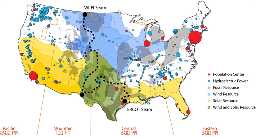 seams-map Map of the continental United States that reflects major power system regions and the strong solar resource across the South and Southwest and strong wind resources primarily in Texas and the Great Plains states.