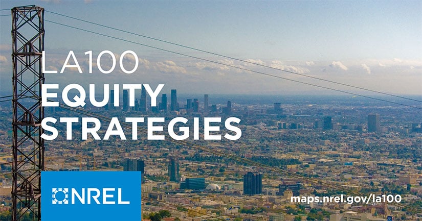 20231130-esi-newsletter-la100es Transmission pole stands above aerial view of polluted city with text overlayed that reads LA100 Equity Strategies