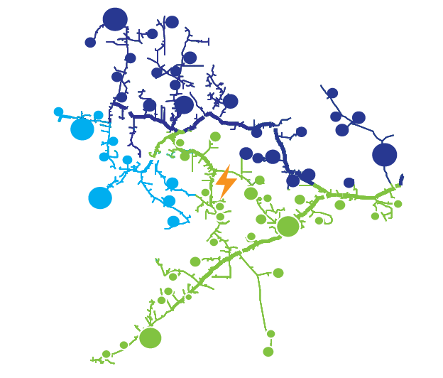 Map of a feeder showing an electrical fault and the systems response