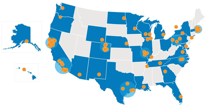 Map of the United States showing the locations of the channel partners