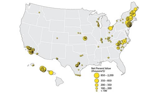 A map shows the locations and sizes/net present value of renewable energy projects..