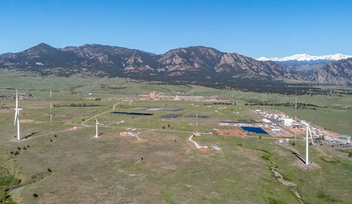 Aerial view of wind turbines on land.