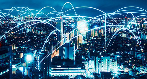 Photoillustration of a smart city network at night