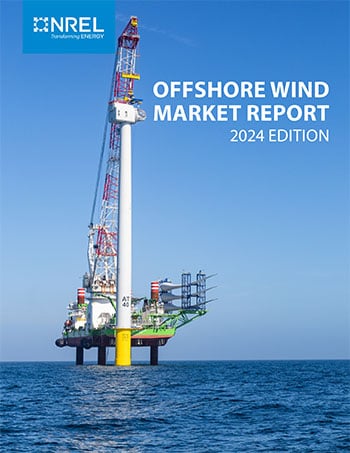 A barge in the ocean overlain with the NREL logo and the words “Offshore Wind Market Report: 2024 Edition.”