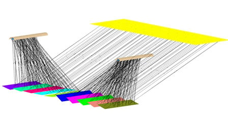 A computer-generated image simulating the rays of the sun hitting troughs from different angles.