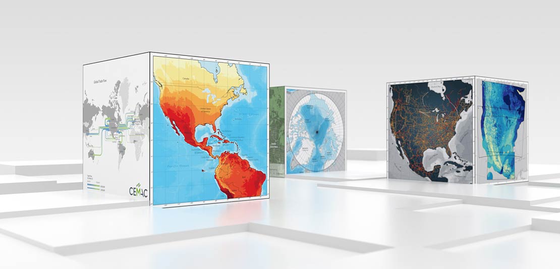 A graphic of cubes with maps on each side.