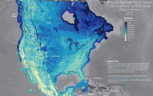 North American Annual Average Wind Speed at 100-Meter above Surface Level