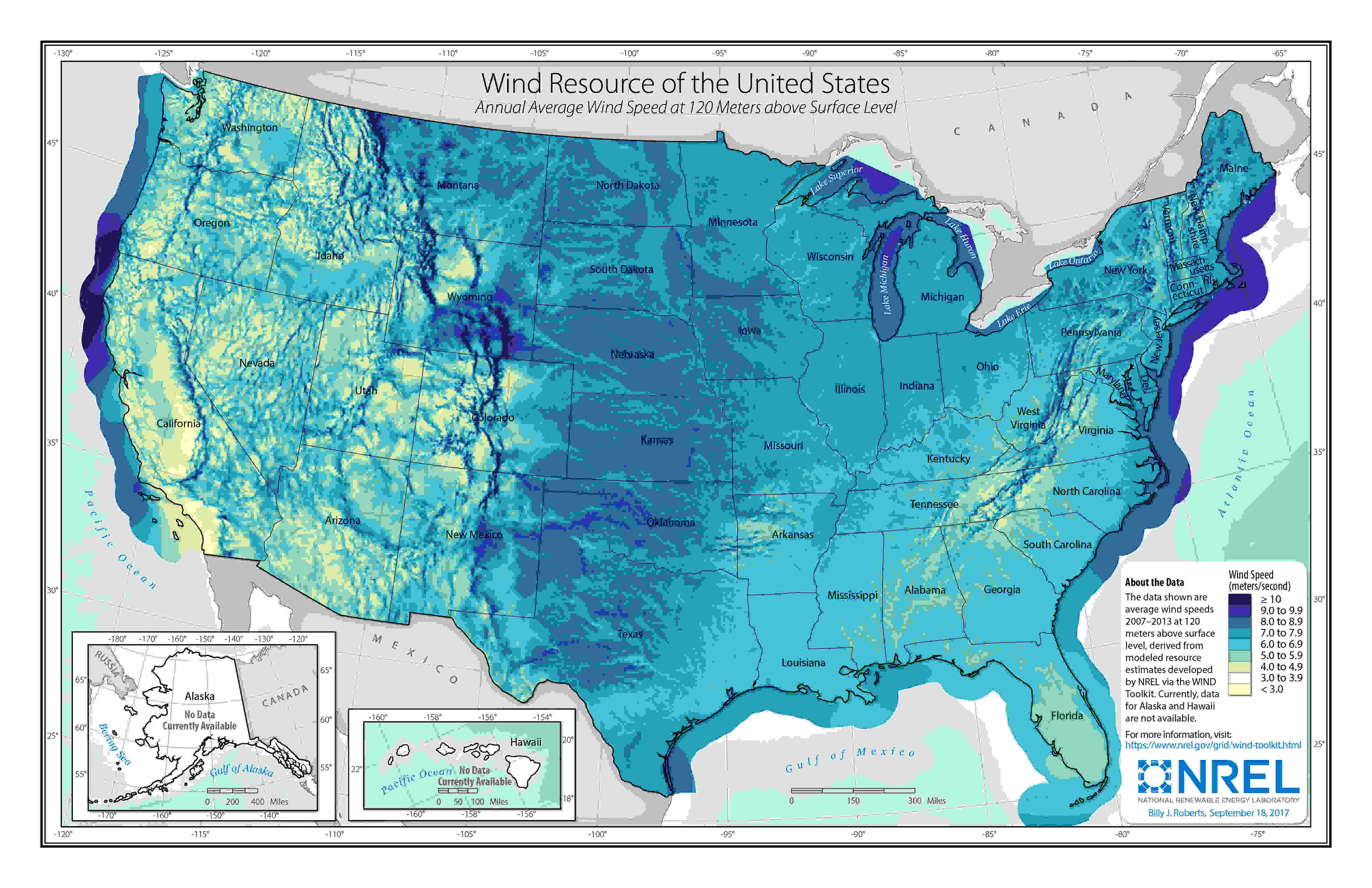 U.S. Wind Speed at 120-Meter above Surface Level