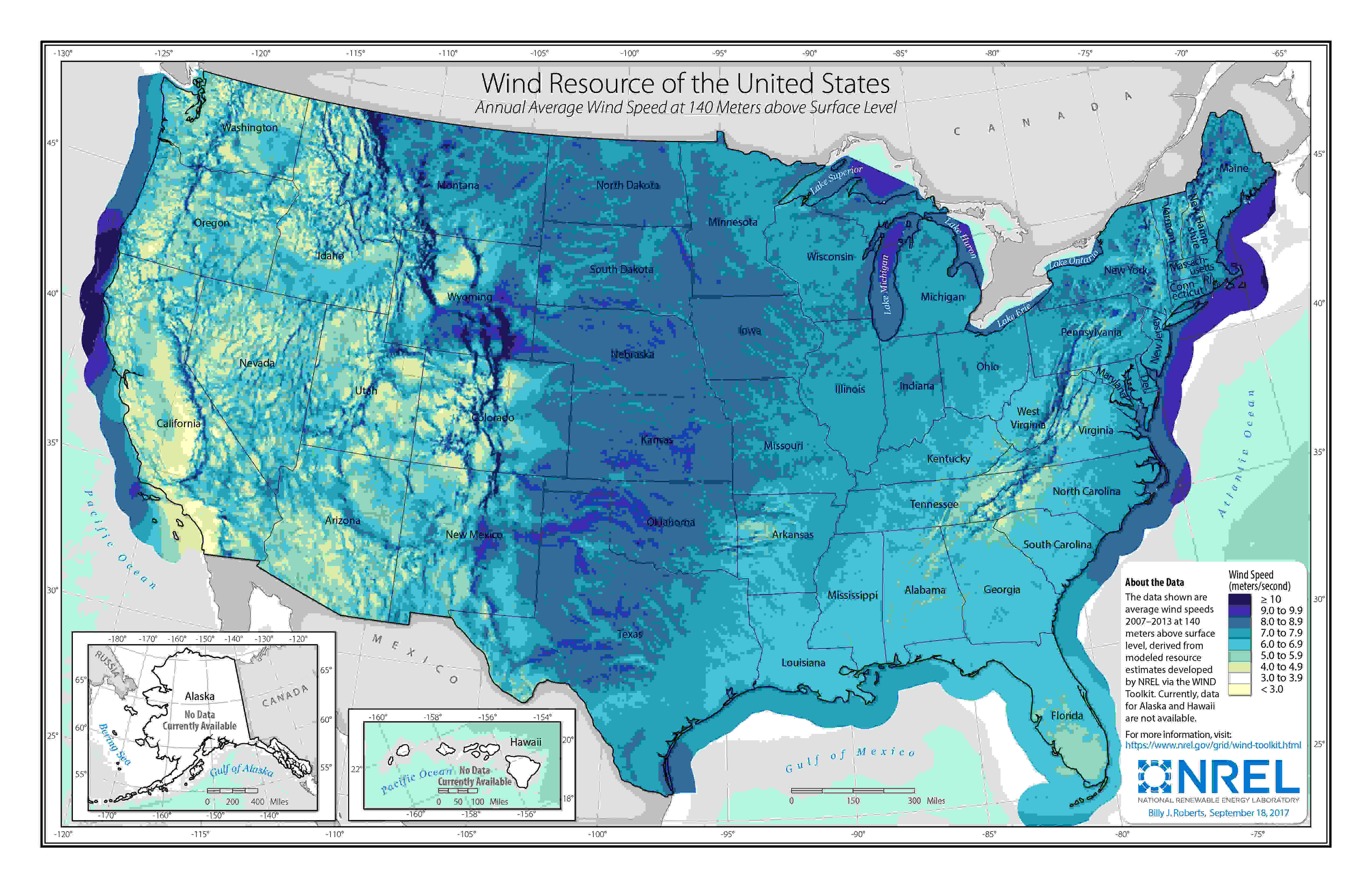 U.S. Wind Speed at 140-Meter above Surface Level