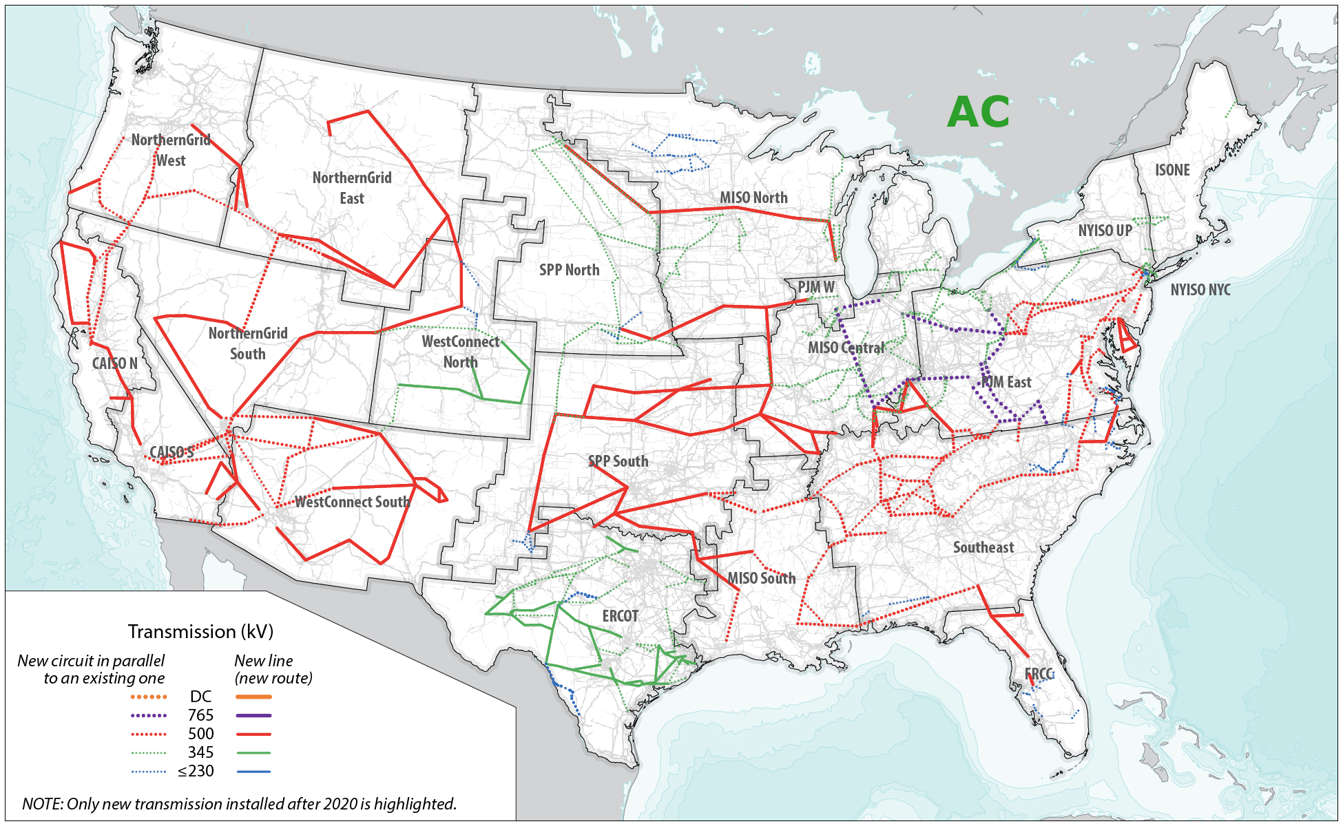 A map of the United States showing possible transmission line connections under the NTP Study's 'Alternating Current' scenario. Many of the lines are long, in the western part of the country, and cross regional boundaries.