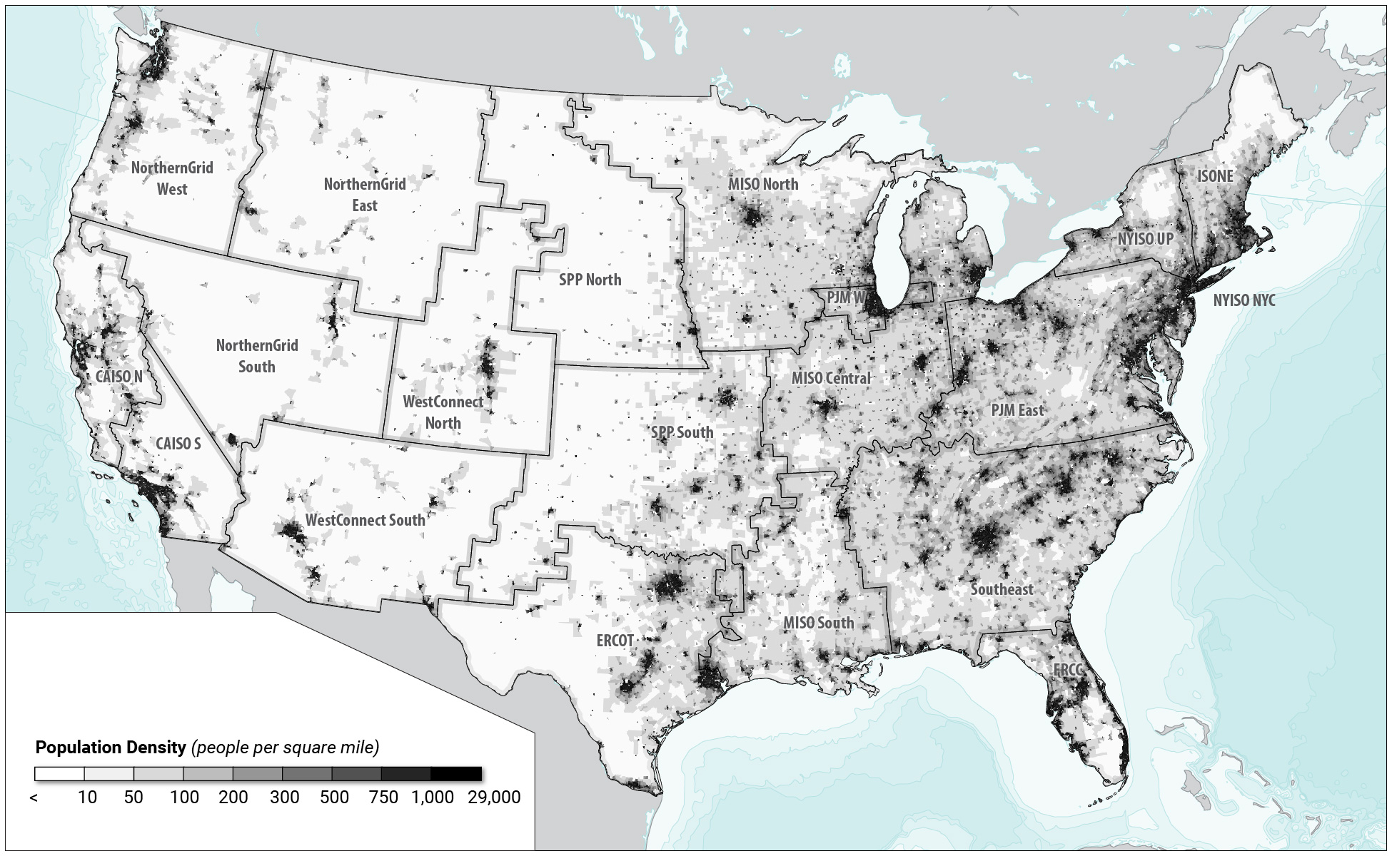 A map of the United States showing projected population density for the year 2035. Most of the population is in major cities and the eastern half of the country.