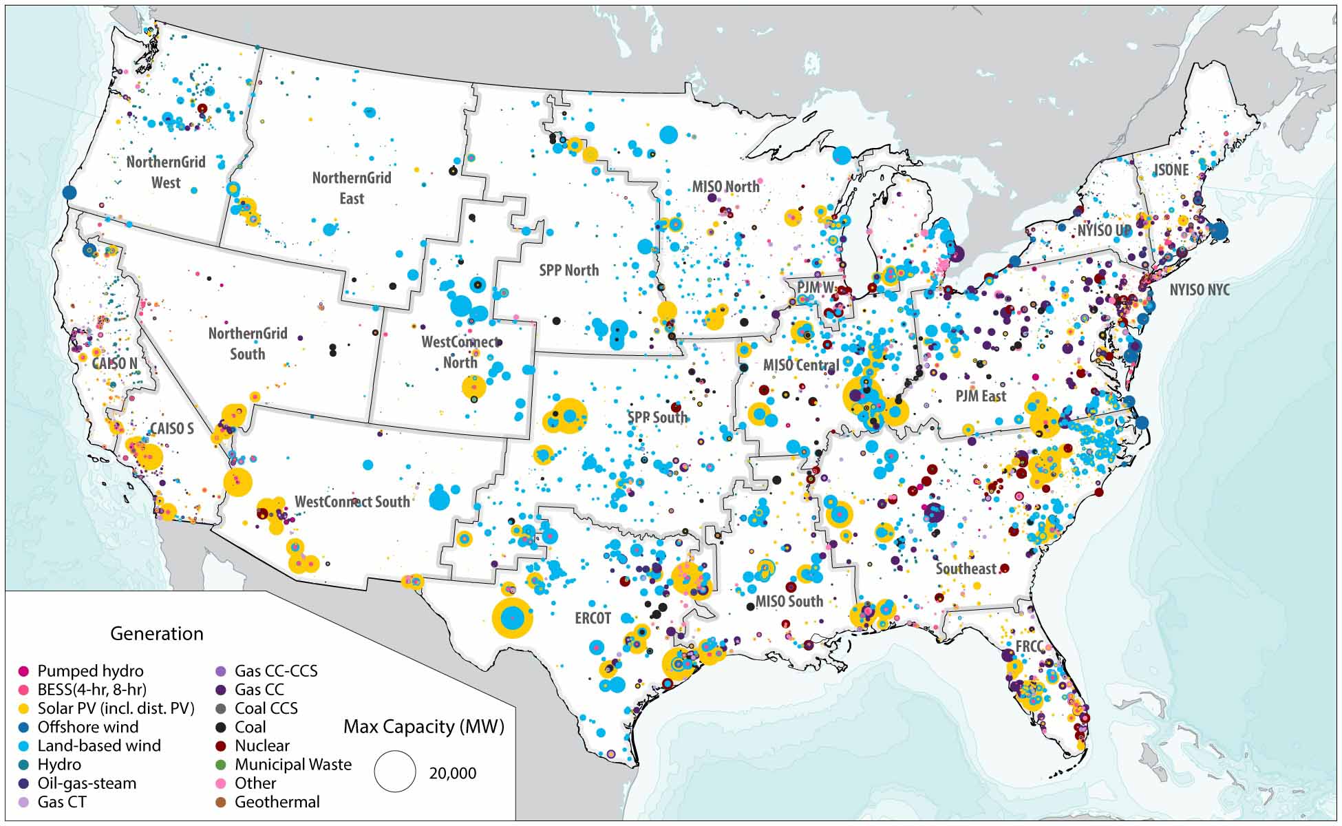 A map of the United States showing the location and capacity (in megawatts) of projected power generation by source in the year 2035. The country's central wind belt and sun belt account for much of the renewable generation.