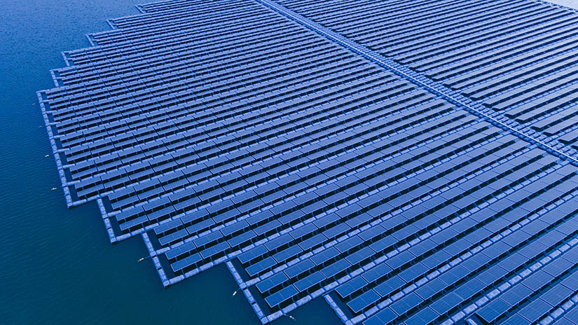 An array of floating solar power panels