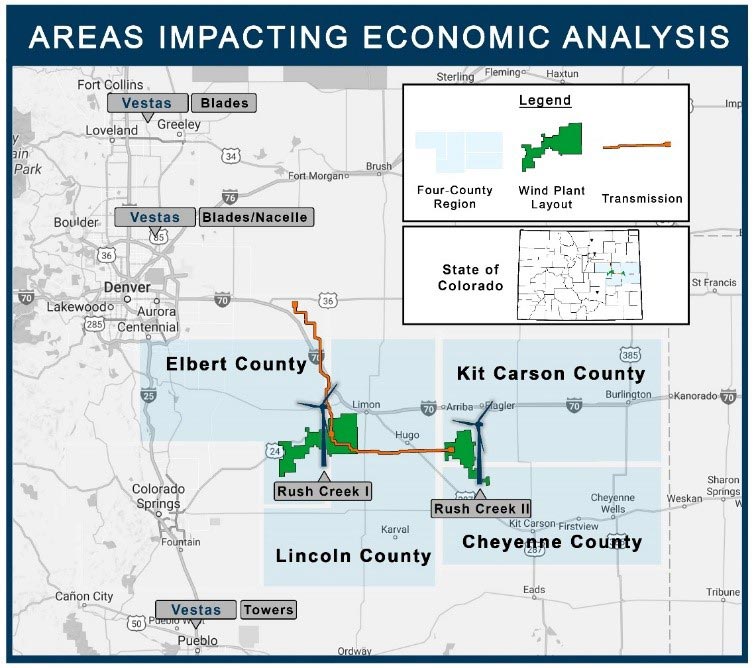 Map showing areas impacting economic analysis in the Rush Creek Wind Farm case study. 