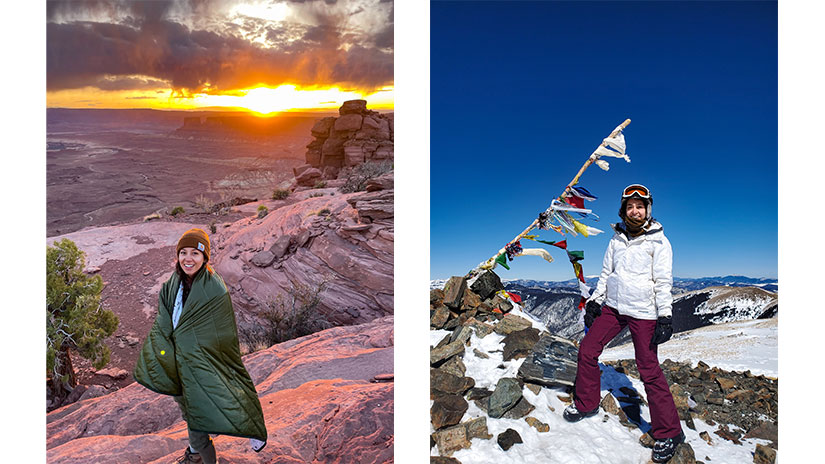 Two photos show Tina Ortega standing in the desert at sunrise and Tina Ortega standing on a snowy mountaintop