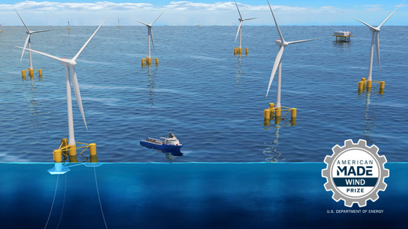 A graphic illustration of several floating offshore wind turbines and a boat overlain by an “American Made Wind Prize, U.S. Department of Energy” logo.