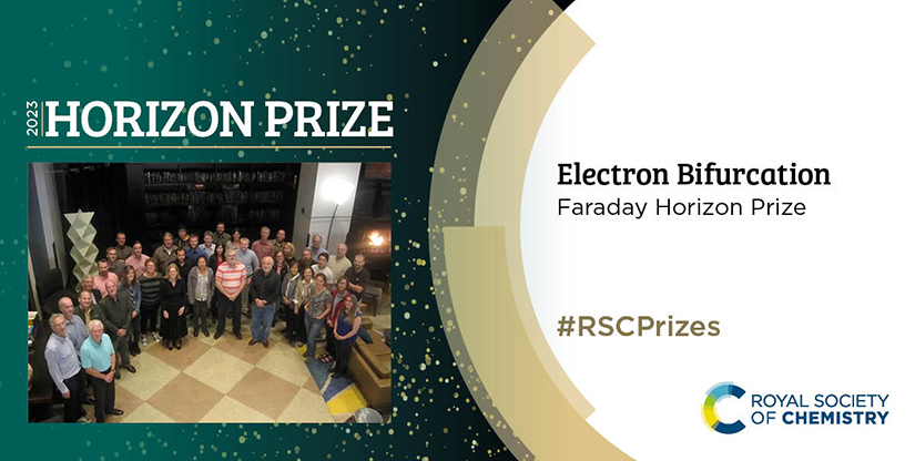 A graphic with a picture of a group of people on the left and the text Electron Bifurcation Faraday Horizon Prize #RSCPrizes and the Royal Society of Chemistry logo.