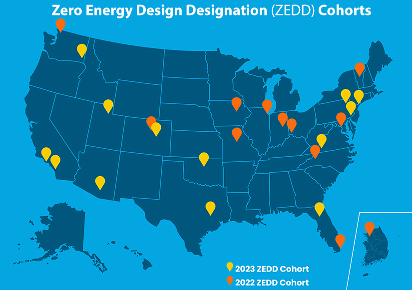 A U.S. Map with pins indicating 2022 and 2023 Zero Energy Design Designation (ZEDD) Chohorts
