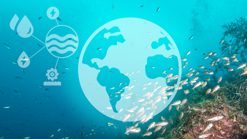 Underwater image of fish swimming next to coral with illustrations overlayed of Earth and renewable energy icons