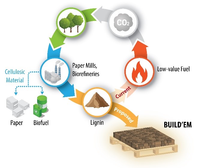 Circular illustration representing the process to produce lignin for Build’em bricks. Icons represent low-value fuel to carbon emissions to the environment to paper mills and biorefinery to lignin.