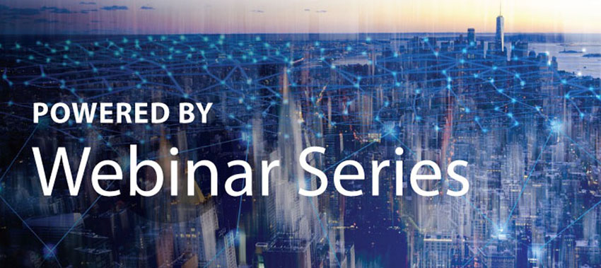 A graphic with the title, “Powered By Webinar Series,” showing a city skyline with a grid overlaid on it.