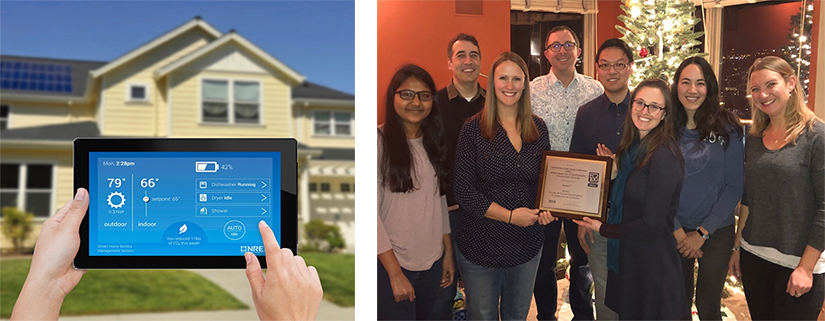 An image of a hand holding a tablet in front of a house. An image of a group of people holding an award. 