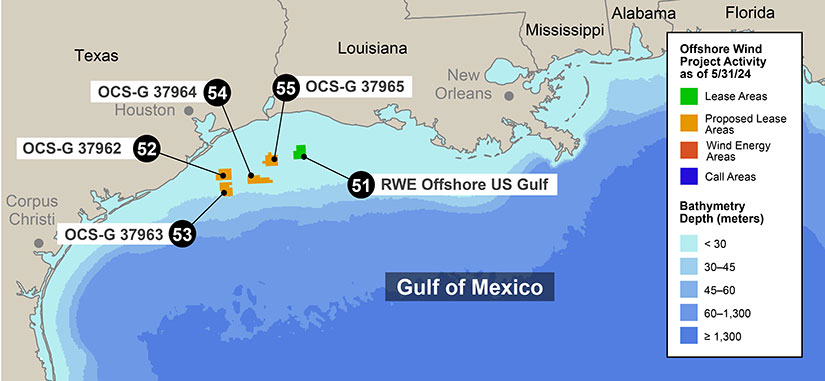 Polygons over waters along the shore of a U.S. map labeled as lease areas