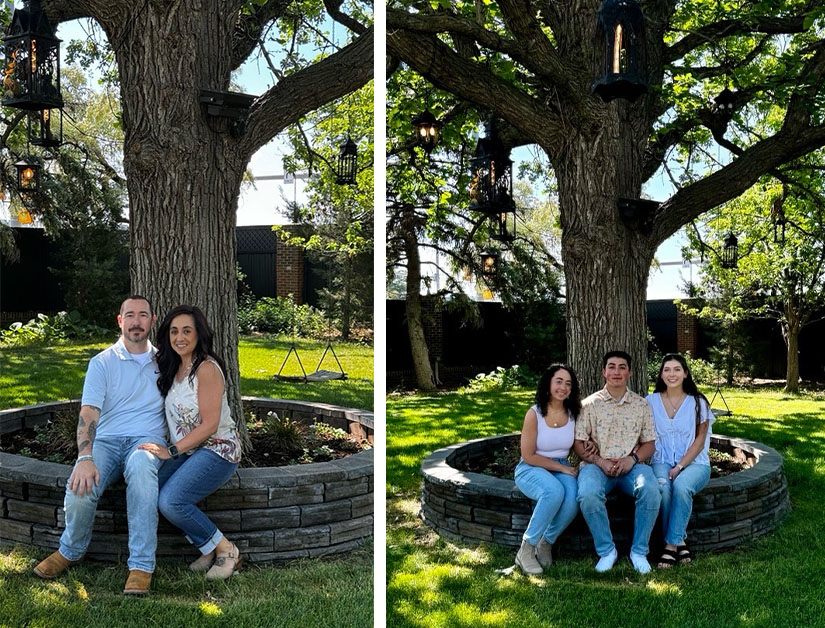 Two photos showing Heath Garrison, his wife Lisa, his daughter Zoe, his son Zane, and Zane’s wife Kelsey.