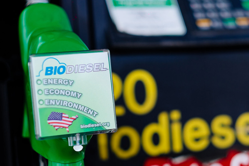 A gas pump with the words: biodiesel. energy. economy. environment.