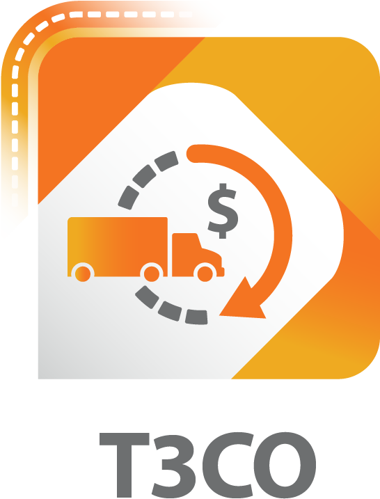 A logo for the T3CO tool displaying a truck, a dollar sign, and a forward cycle.