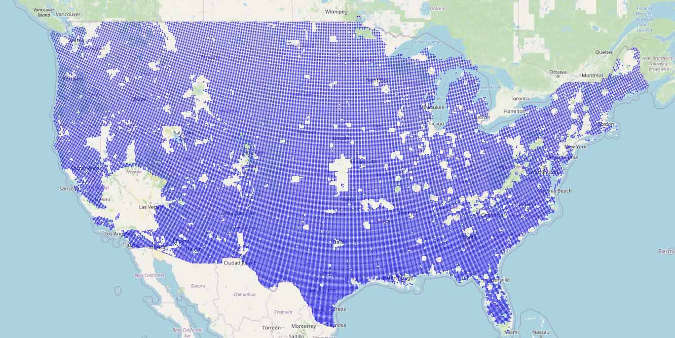 Map of the United States with colored areas representing screened land for potential hybrid power plants.