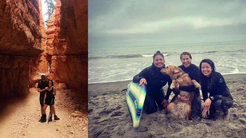 Alt text (left): Knauer and another person standing between two red rock walls. Alt text (right): Knauer kneeling on a beach in a wetsuit with two other people and a surf board