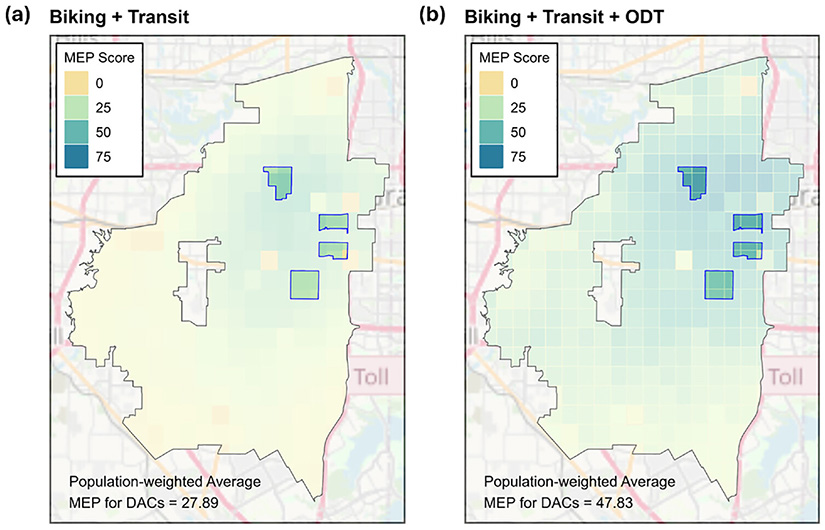 Two maps of the same city overlaid with colors showing that “population-weighted average MEP for disadvantaged communities” was 27.89 for biking and transit, and 47.83 for biking, transit, and on-demand transit.