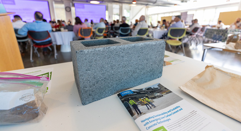 A close-up image of a concrete brick displayed on a table in a full conference room.