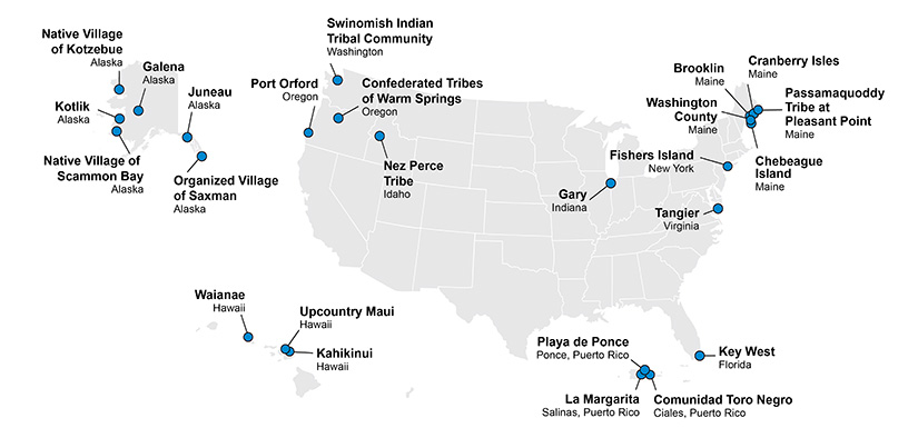 A map of the United States with pinpoints for each of the 25 new communities in the Energy Transitions Initiative Partnership Project.